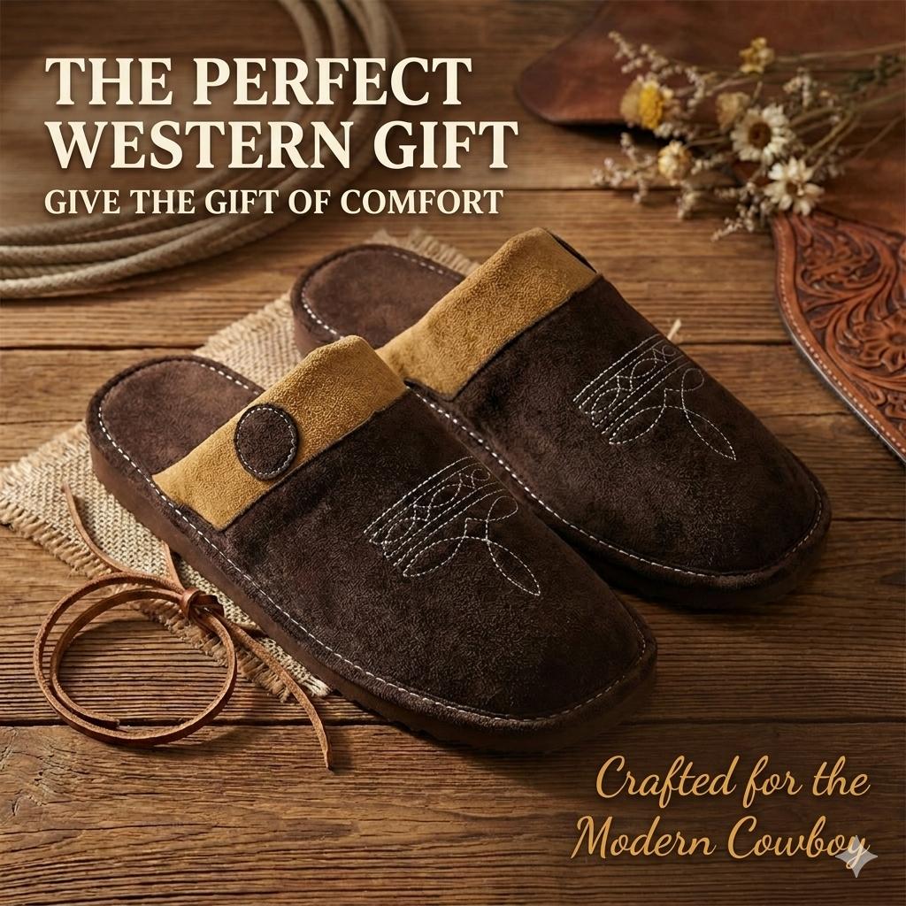 All Season Western Cowboy Boot Stitch Slippers with Square Toe  Suede Leather House Shoes for Men & Women Indoor/Outdoor