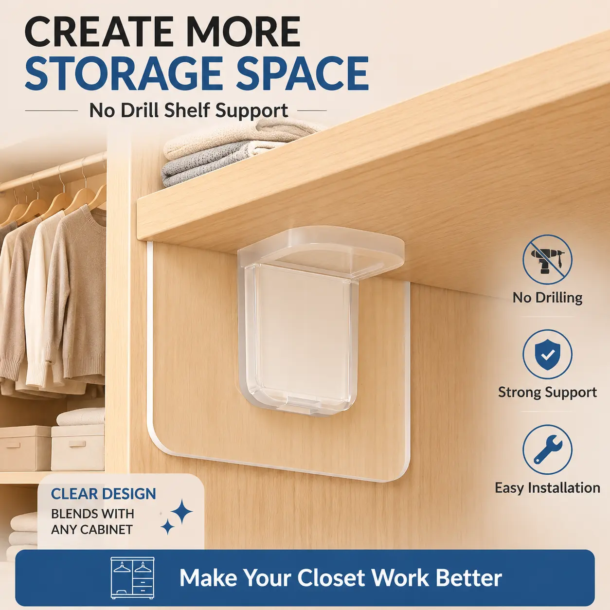4PCS Adhesive Shelf Supports, No Drill Shelf Brackets for Closet & Cabinet Shelves, Heavy Duty Clear Shelf Support Brackets, Space Saving Organizer