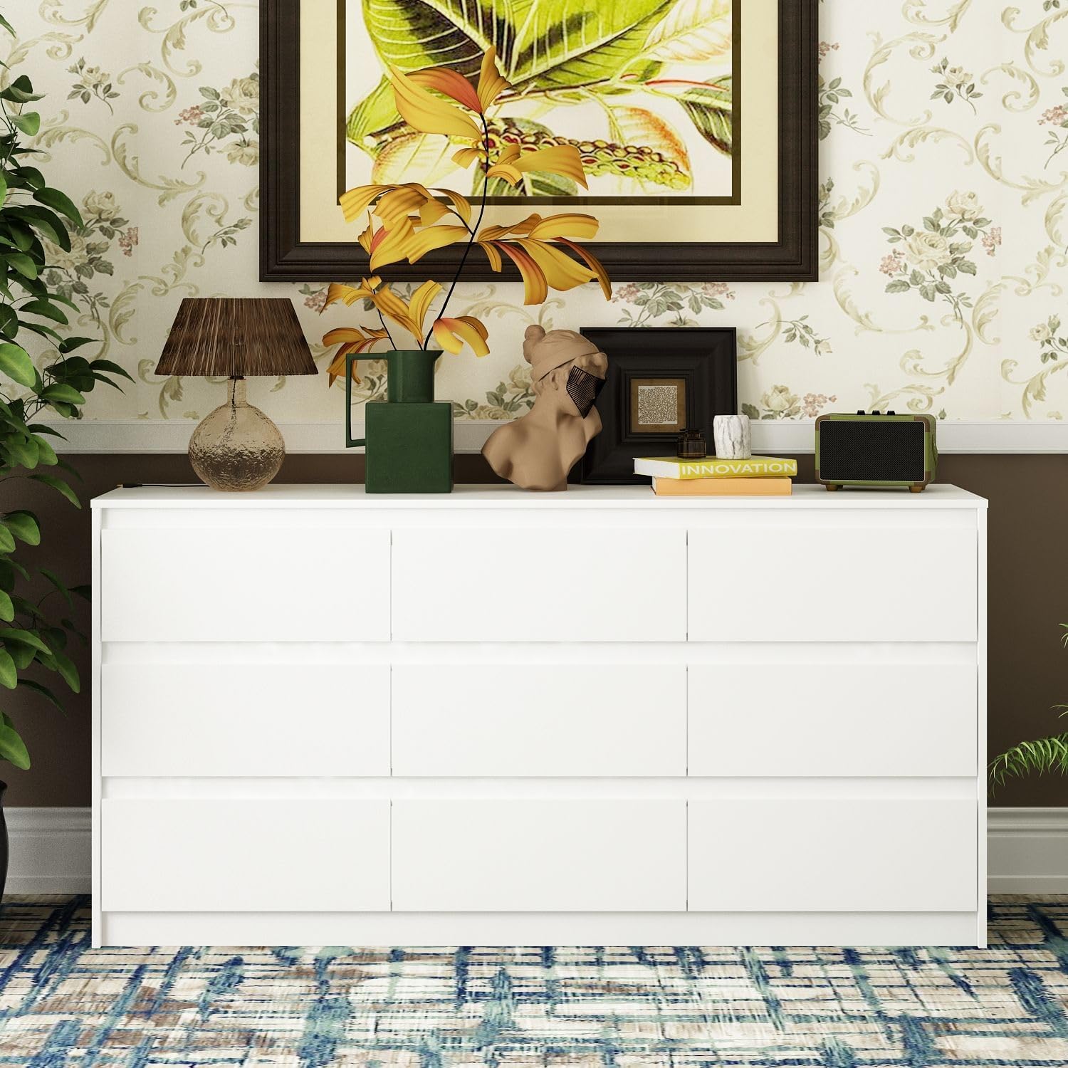 Modern Dresser Chest of Drawers, 9 Drawer Dresser with No Handle Design, White Dresser for Bedroom - Multi-Use Drawer Organizer