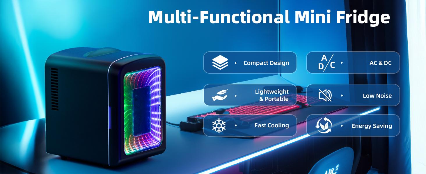 【TiktokShopSpringGlowUp】Antarctic Star 4L Mini Compact Refrigerator with Gaming Light: 6-Can Portable Cooler for Bedroom, Car, Office, Dorm - Cosmetics, Beverage & Food Storage (Black)