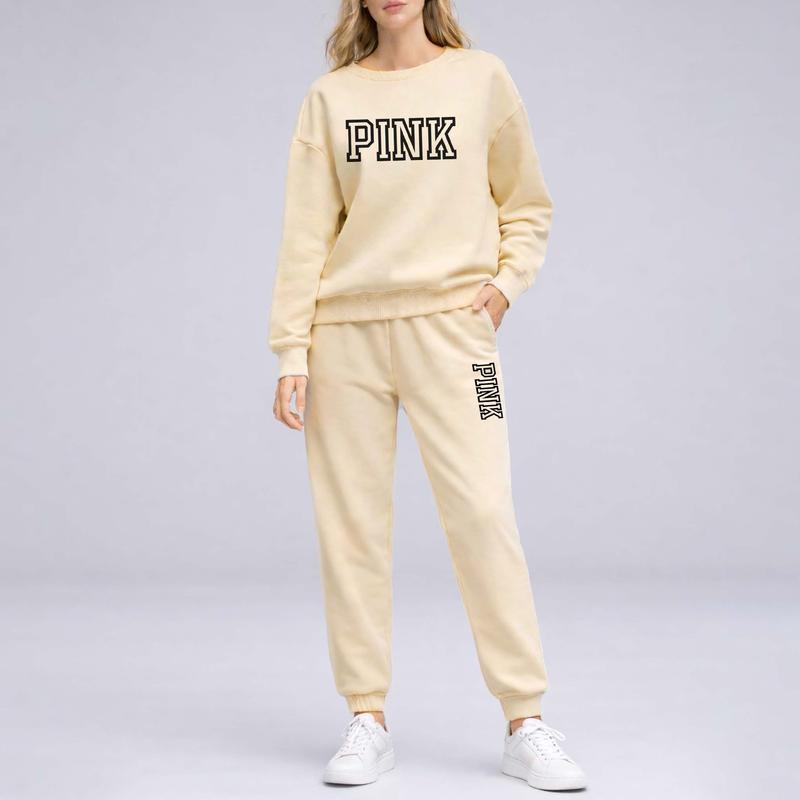 Women's Pink Letter Print Crewneck Sweatshirt and Drawstring Track Pants Set, Casual Sportswear, Long-Sleeve Round Neck Top and Pants, Suitable for Spring, Autumn and Winter, Everyday Wear