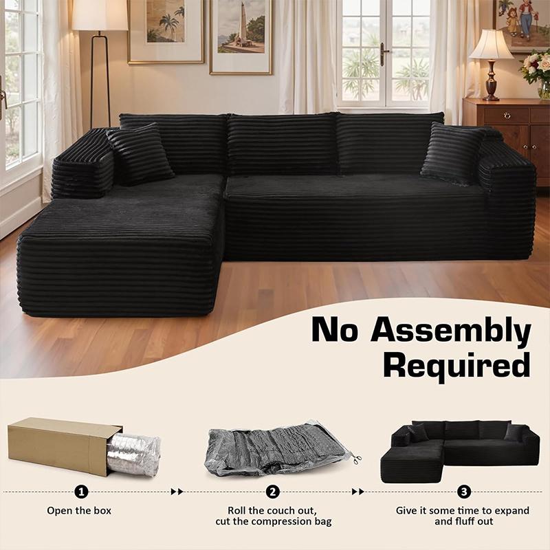 105'' Boneless Couch, Sectional Boneless Couches for Living Room w/Deep Seat, Cloud Couch w/Stripe, Boneless L Shaped Couches w/Flannel Fabrics