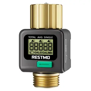 The RESTMO water flow meter measures water consumption (gallons/liter) and flow rate for RV water tank monitoring, lawn sprinklers, and nozzle sprinklers. It features brass inlet and outlet and measures water usage for outdoor garden hose watering.
