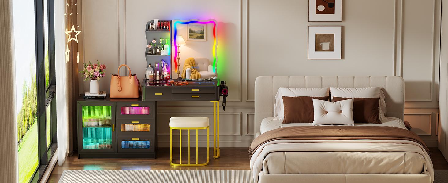 Miu Vanity Makeup Set with Irregular  Mirror Lights, Dressing Table with 6 Drawers, Adjustable Lighting, Charging Station, Vanity Makeup Table