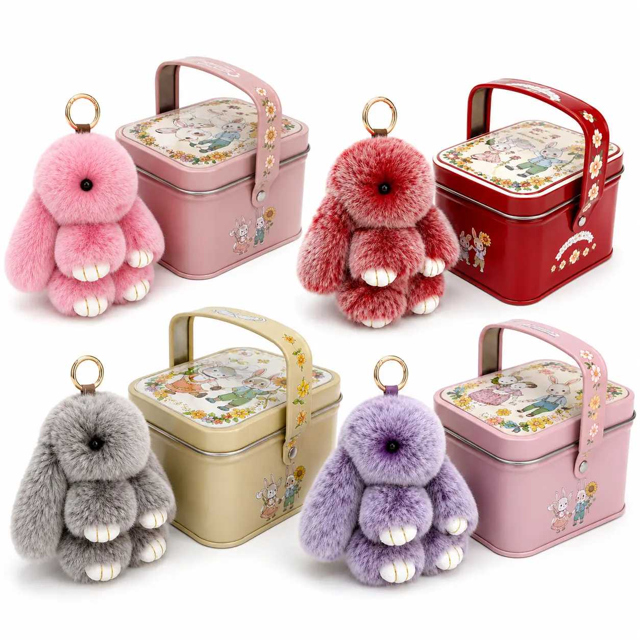 BunnyLulu Fluffy Bunny Keychain with Tin Box, Cute Plush Rabbit Bag Charm for Backpack Purse Keys, Easter Birthday Gift