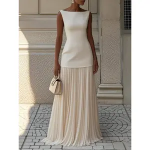 Elegant Sleeveless Pleated Maxi Dress with Boat Neck - High-Low Hem, Flowing Design for Formal Events & Evening Parties, Cream, Multiple Colors & Sizes Available, Formal Evening Wear |   Hem Dress |   Structured Fit Dress party  guest   Fabric Polyester