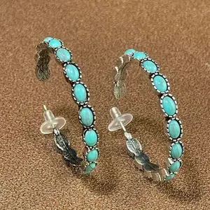 Vintage Turquoise Ethnic Style Elegant Oval Turquoise Waterdrop Hollow Out Earrings, Boho Jewelry for Women, Unique Accessory