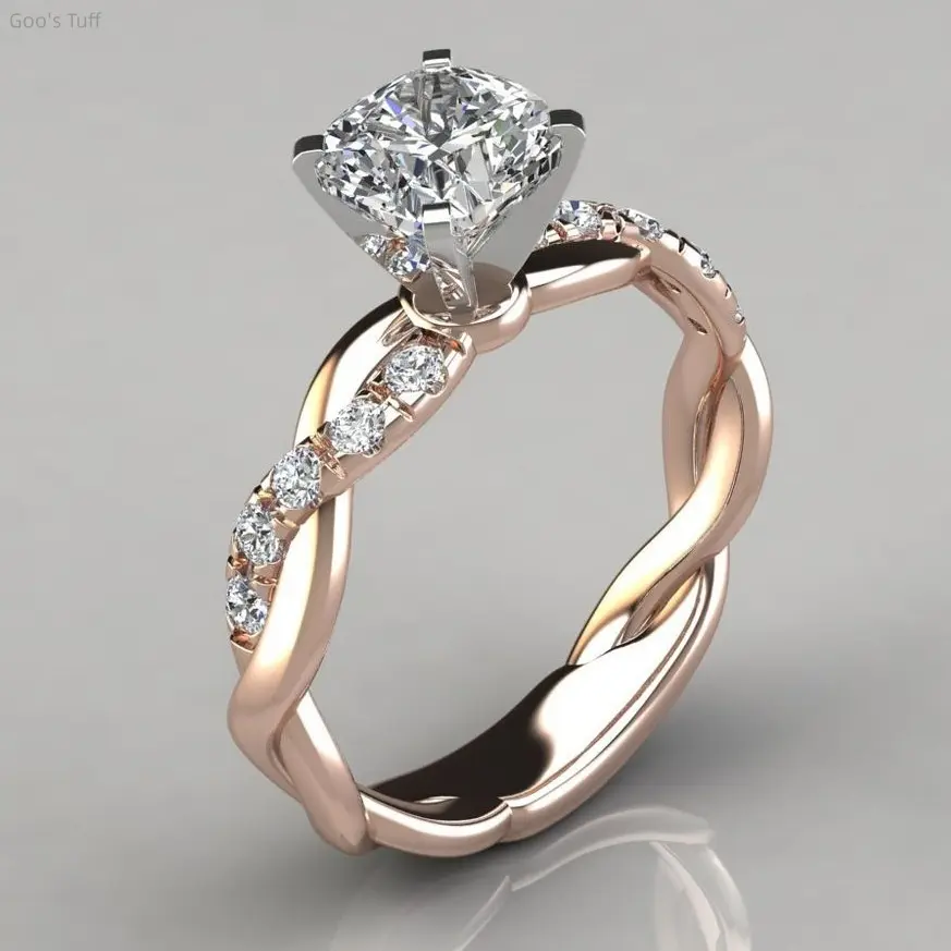 Thin Polished Band Ring for Women, 2-Tone Rose Gold-Plated Statement Costume Jewelry with Princess Cut CZ for Engagement or Anniversary, Thin Polished Band Rings, Daily, Bridal Ring, Wedding Promise Ring