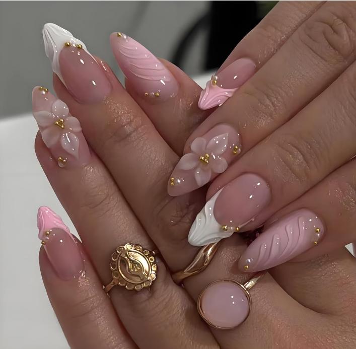 3D Pink Press on Nails Almond - Medium French Tip Fake Nails with Embossed Flower&Gold Bead Designs, Glossy Finish Reusable False Nails with Glue Tabs - 24Pcs Nail Kit for Women Manicure