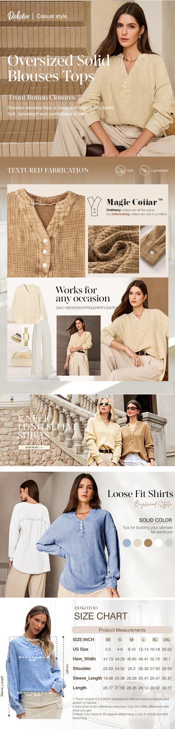 Dokotoo Women's Casual Button V Neck Long Sleeve Shirts Oversized Solid Blouses Tops 100% Cotton Boyfriend Style Loose Fit