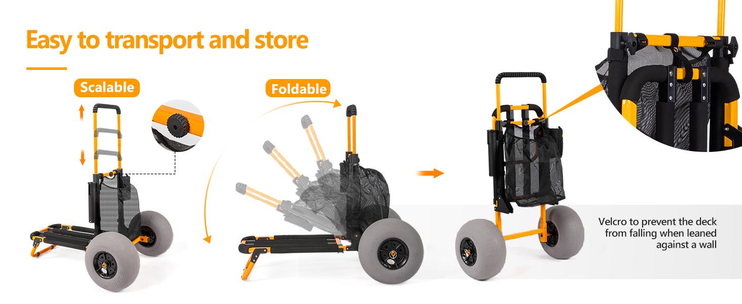 Bonnlo Beach Fishing Cart, Beach Wagon Trolley with 12" Big Balloon Wheels for Sand Foldable Beach Trailer with 23" x 15" Cargo Deck, Fishing Rods Holder, Water Bottle Holder, Mesh Bag, Hand Pump