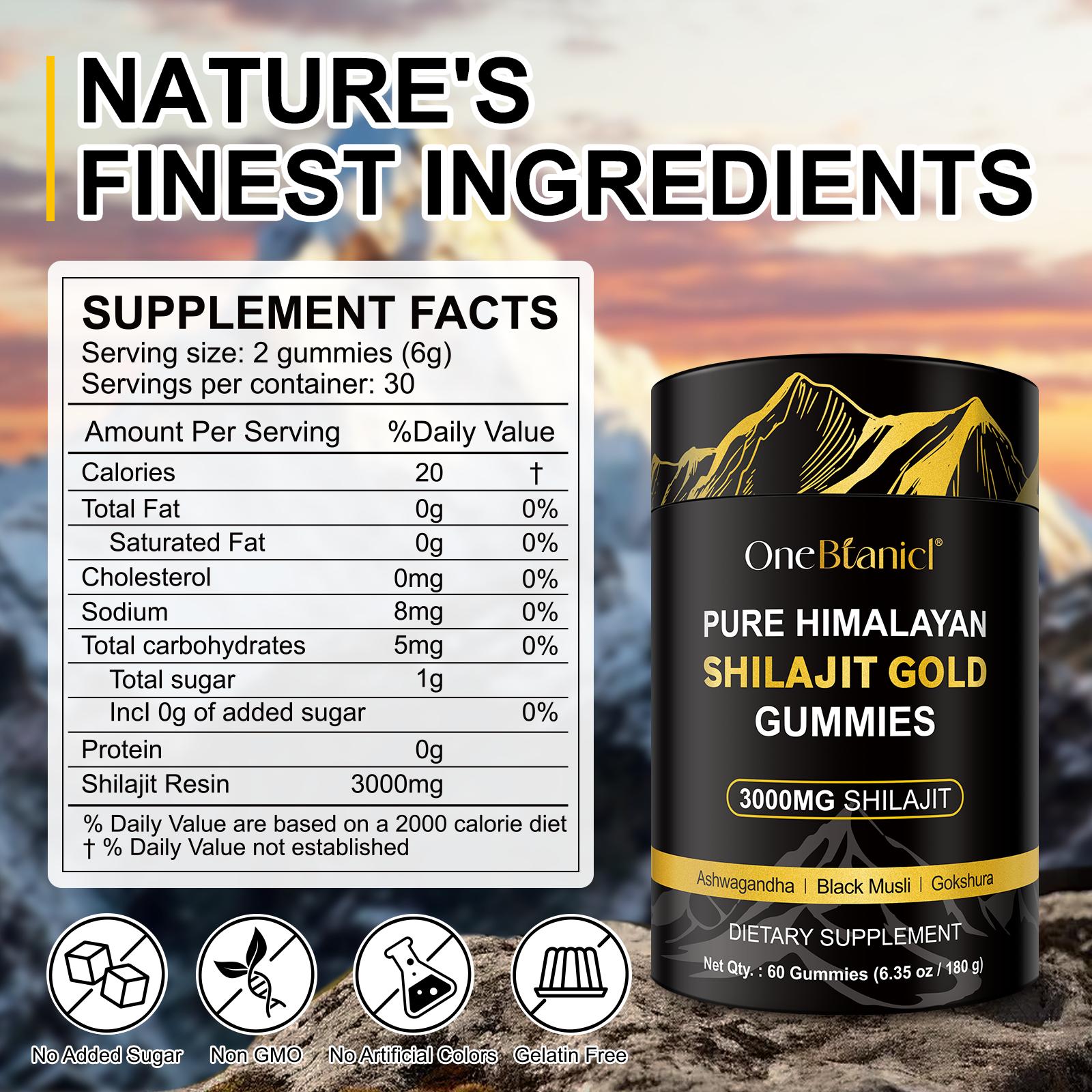 ONEBTANICL Pure Himalayan Shilajit Gold Gummies 3000MG Lab Tested No Sugar Added with Ashwagandha Gokshura & 85+ Trace Minerals 60 Count