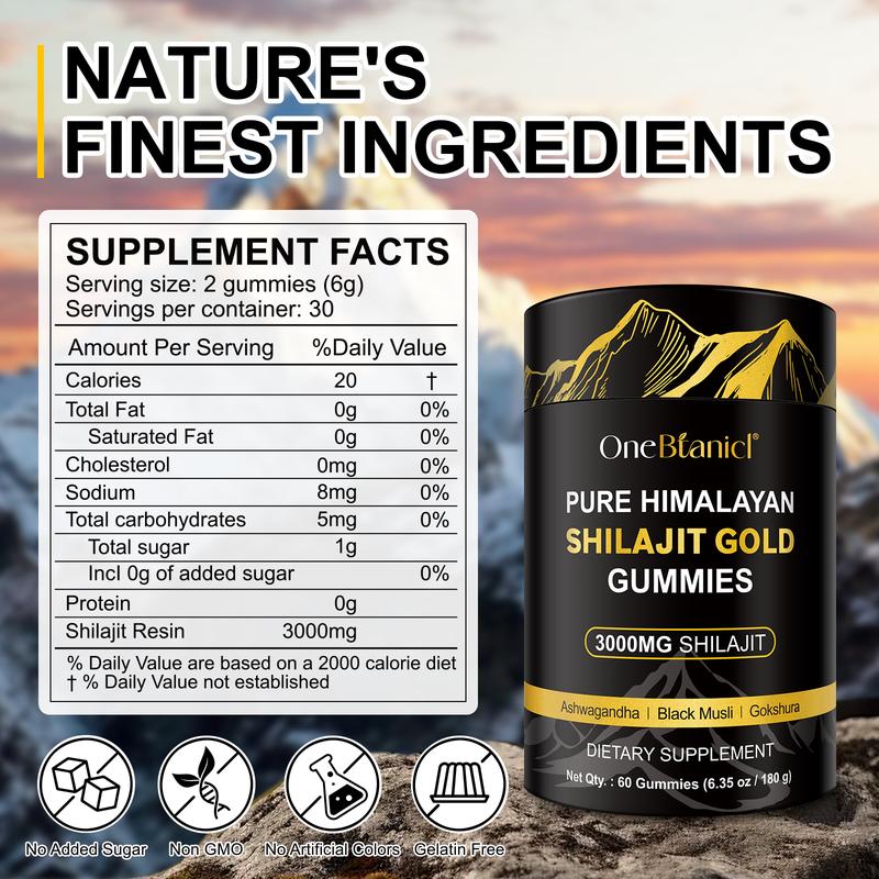ONEBTANICL Pure Himalayan Shilajit Gold Gummies 3000MG Lab Tested No Sugar Added with Ashwagandha Gokshura & 85+ Trace Minerals 60 Count