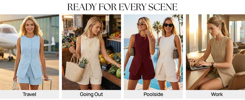 ZESICA Women's 2026 Summer 2 Piece Short Sets Sleeveless Crew Neck Suit Vest Tops High Waist Shorts Business Outfits