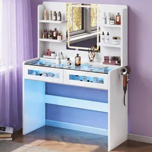 White Makeup Vanity with 3-Color LED Mirror, Charging Port & RGB Lighting – Dressing Table with Shelves & Drawers