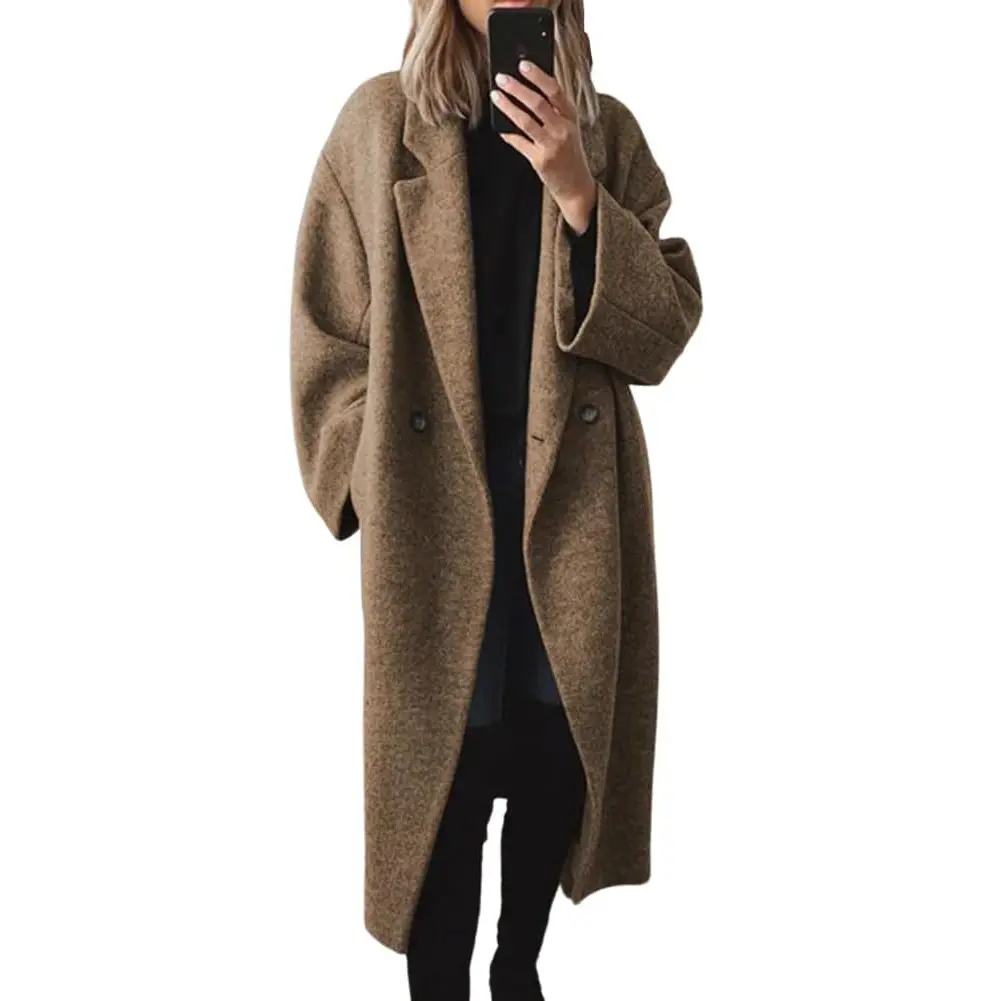 Chouyatou Lady's Winter Double-Breasted Long Wool Fabric Coat - Black, Casual Notched Lapel, Thermal, Sweater-Inspired Sleeves, Basic Womenswear for Daily & Office Wear, Minimalist,back to school,back to school shopping, Solid