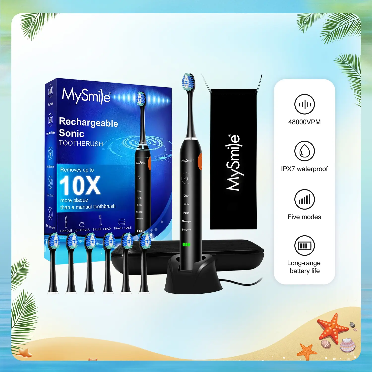 MySmile Elite Rechargeable Sonic Electric Toothbrush for Adults - TikTok Shop Exclusive, Oral Brightening, Self-Care, 6 Nylon Brush Heads, 5 Modes, Timer, Waterproof, Plastic Storage Box, Charger Cable, Long-Lasting Handle, Free Gift, Cleansing Function,