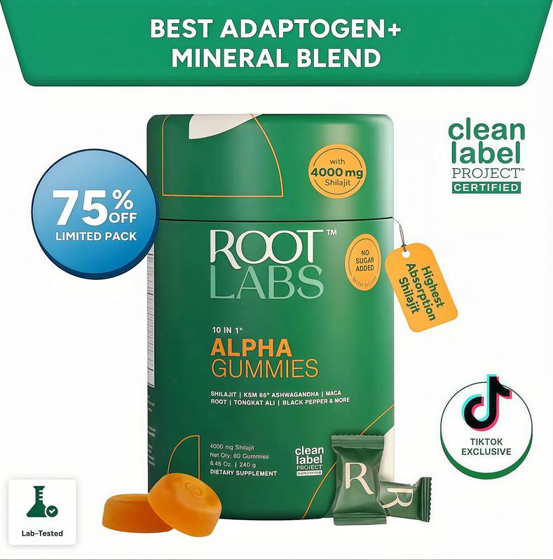 Root Labs Alpha 10-in-1 Shilaiit Gummies 4000 mg Holiday Gift QL-Ready Energy Stamina & Focus Zero Sugar KSM-66Ashwagandha,Tongkat Ali,Maca Vegan 60 Count
