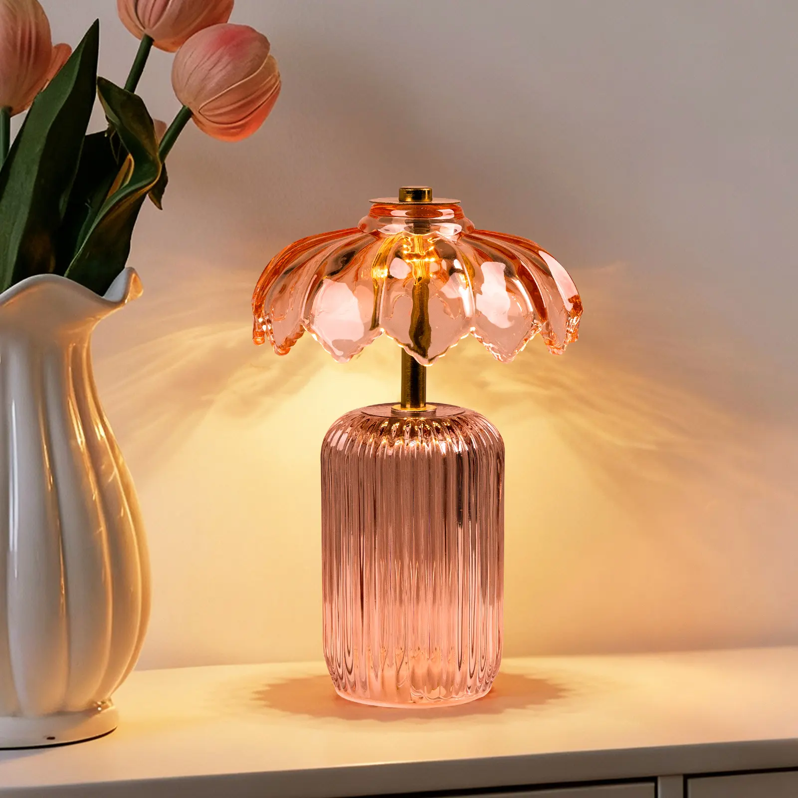 MJ PREMIER Cordless Floral Pattern Crystal Glass Table Lamp - Battery-Operated LED Lights Lamps, Bases & Shades with Timer, Warm Ambient Glow Home Decor Lighting for Bedroom [Summer Vibes], Decorative Mood Lamp