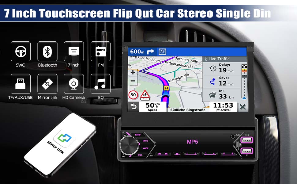 Single Din Flip Out Car Stereo Bluetooth 7 Inch Retractable Touch Screen Car Radio 1 Din Mirror Link/FM/EQ USB/Type-C/AUX SWC, Car Audio Receiver MP5 Multimedia Player with Backup Camera