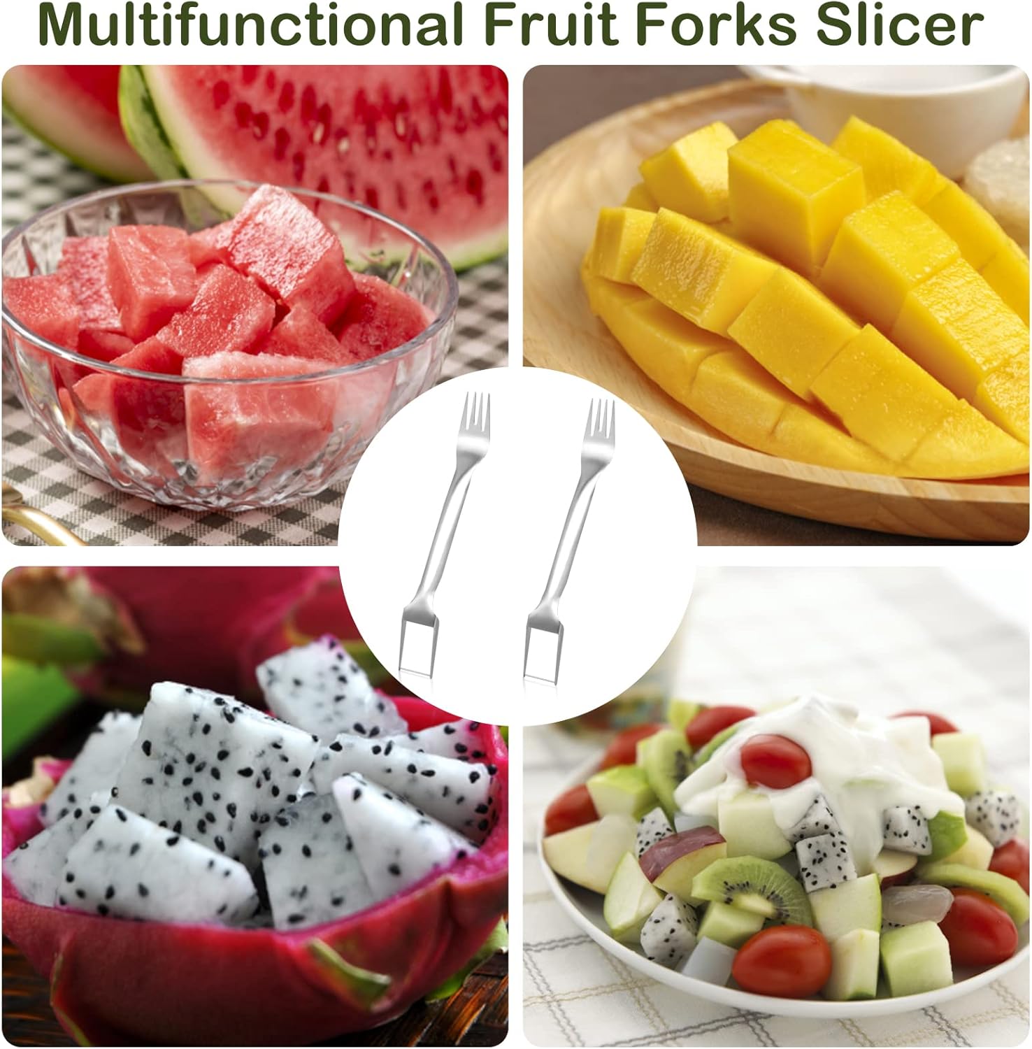 【2 Pack】Watermelon Fork Slicer,Watermelon Slicer Cutter,Watermelon Cube Cutting Tool, 2-in-1 Stainless Steel Fruit Cutter, Dual Head Fruit Forks Slicer Knife with Round Handle,Fruit Cutting Kitchen Utensils,Kitchen Gadgets,Portable Modern