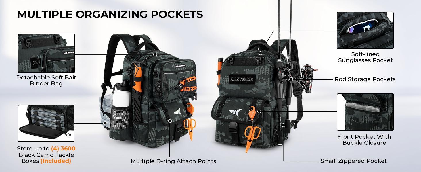 KastKing BaitSpace 50L Fishing Tackle Backpack with Removable Bait Binder & 4 Tackle Boxes Rod Holders Storage Gear Camo Design