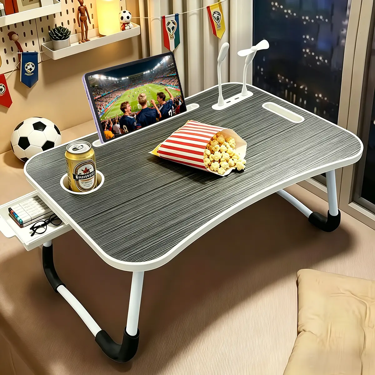 Large Folding Lap Desk - Home Office Furniture with Oversized Work Space, Tiltable Design, Portable Build, Cup Holder, Small Item Drawer, USB Fan + Light, Sleek Black Modern Look for Bed, Sofa Use