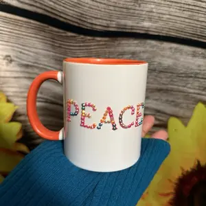 Peace of Rainbows Mug with Colorful Rainbow Jewels and Orange Handle for Daily Use Vibrant Lettering Design