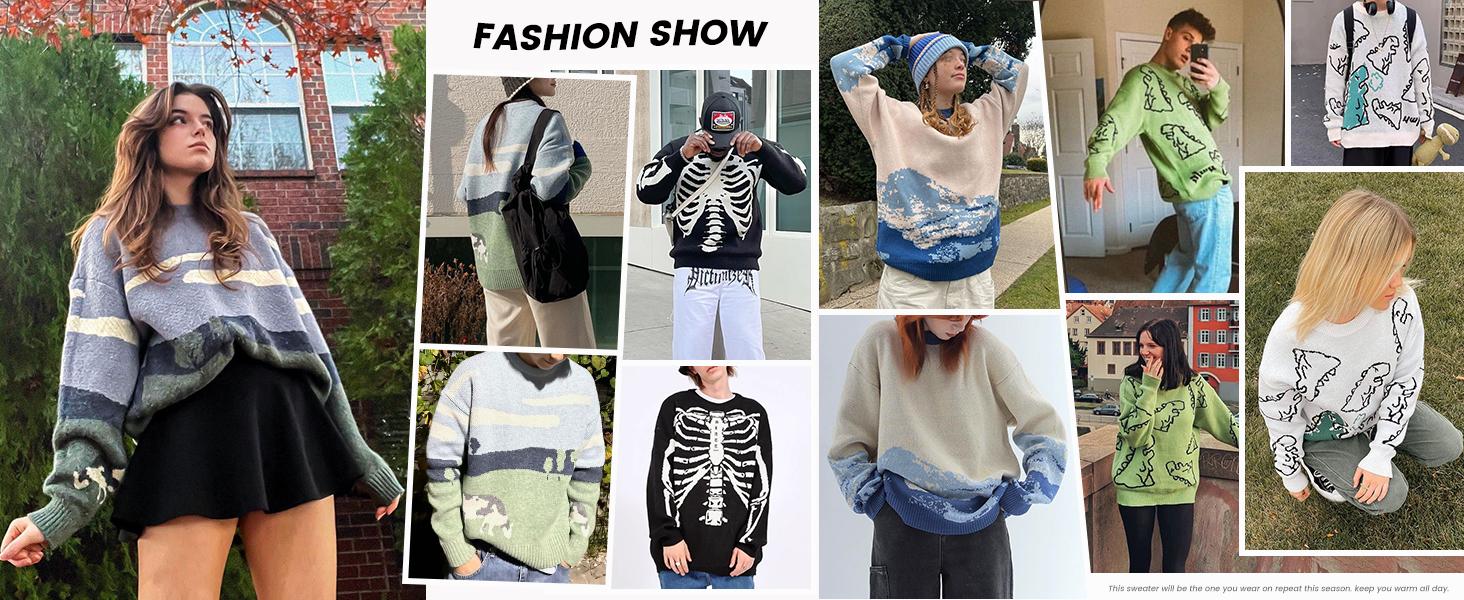 Vintage Sweater Grandpa y2k Oversized Casual Cable Knit Sweater Pullover Graphic Crewneck Tops Long Sleeve
