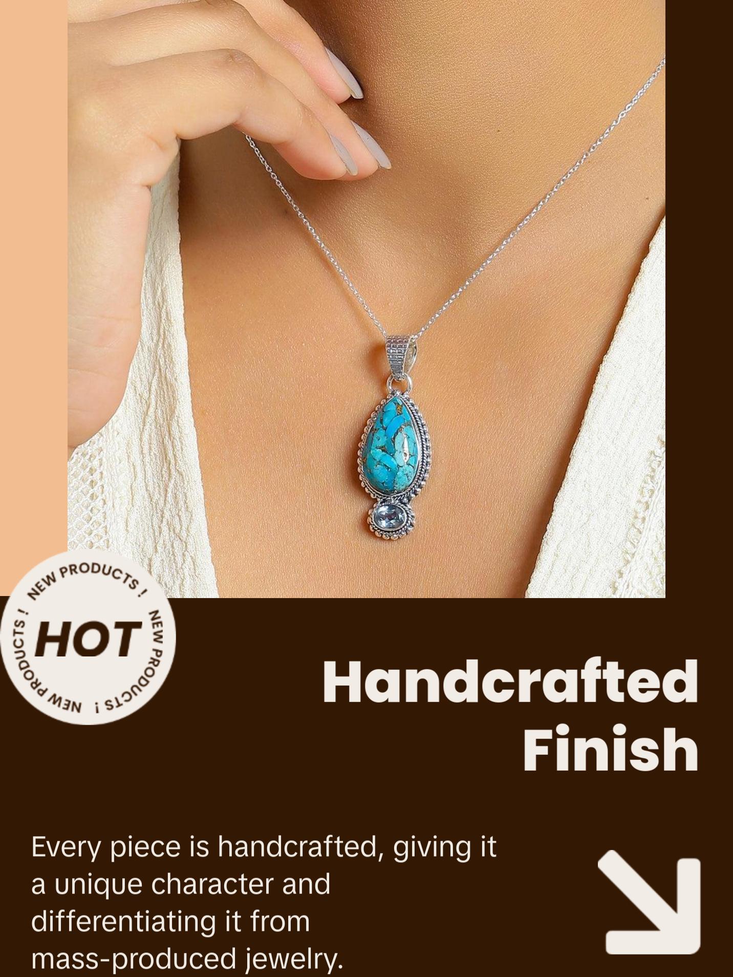 Women  Turquoise Necklace Solid 925 Sterling Silver Blue Copper