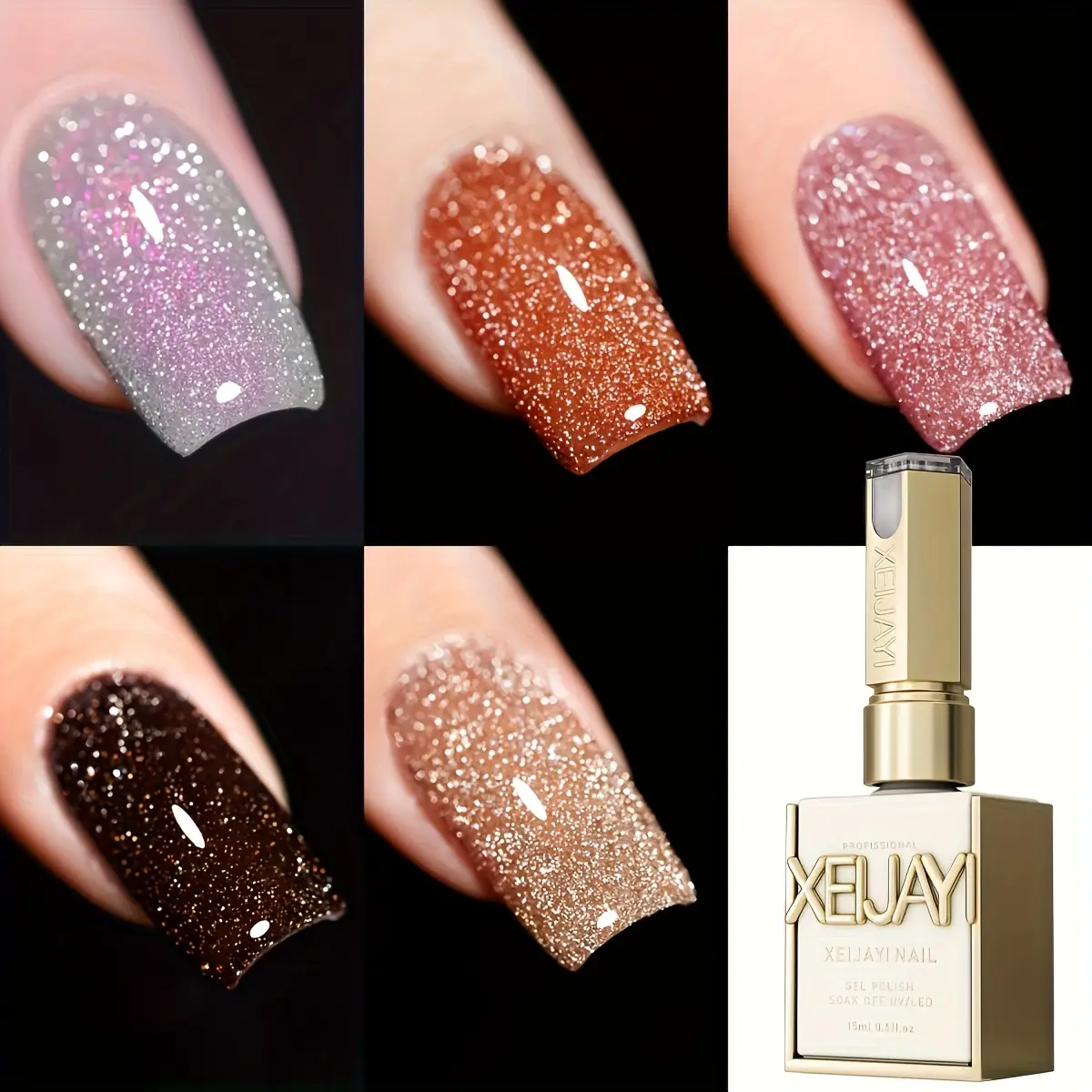 XEIJAYI Photo Frame Bottle — Powdered Glitter Rhinestone Gel Nail Polish Set, 5 Colors — Ultra-Sparkly, Trendy Salon Art Gel, Shiny Glossy Finish, Brilliant Reflective Shine, for DIY Nail Design, Nail Art, Cosmetic