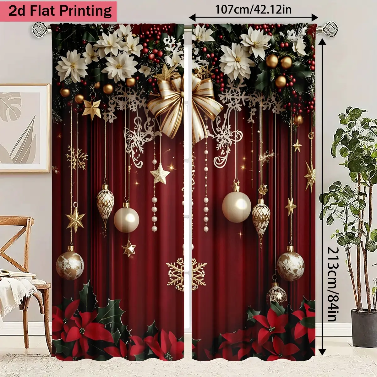 2-Piece HD Digital Print Christmas Curtains, Bedroom/living Room/office/home Decor, Semi-Transparent Privacy Protection, 100% Polyester Material, Window Curtain, Home Decorative Curtain, Window Drapes