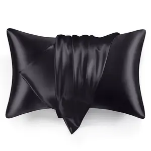 Satin Pillowcase for Hair and Skin Queen Size Set of 2 Black Satin Cooling Pillow Cover with Envelope Closure 20x30 Inches for Women Skin Benefits Hair Protection Temperature Regulation