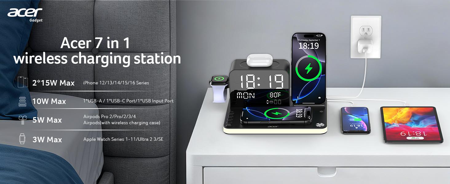 Acer 7 in 1 Wireless Charging Station Charger with LED Night Light, Bluetooth Time Sync Clock & Temperature Display, USB-A & USB-C, Magnetic MagSafe – for iPhone, Android Phone, Apple Watch & AirPods, Gift
