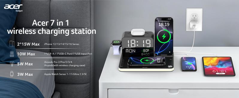 Acer 7 in 1 Wireless Charging Station Charger with LED Night Light, Bluetooth Time Sync Clock & Temperature Display, USB-A & USB-C, Magnetic MagSafe – for iPhone, Android Phone, Apple Watch & AirPods, Gift