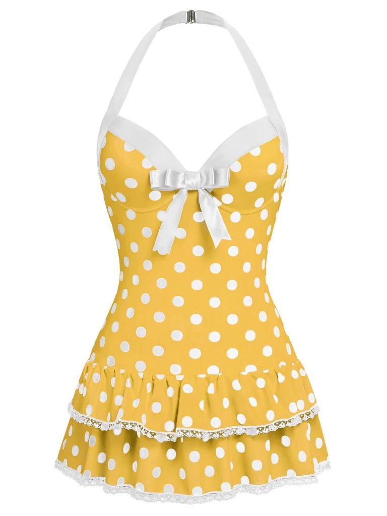 Yellow 1940s Halter Polka Dots Bow One-Piece Swimsuit