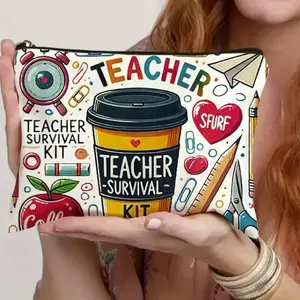 Teacher-Themed Travel Cosmetic Bag - Teacher Survival Kit Design with Coffee Cup Apple and Pencil Motifs