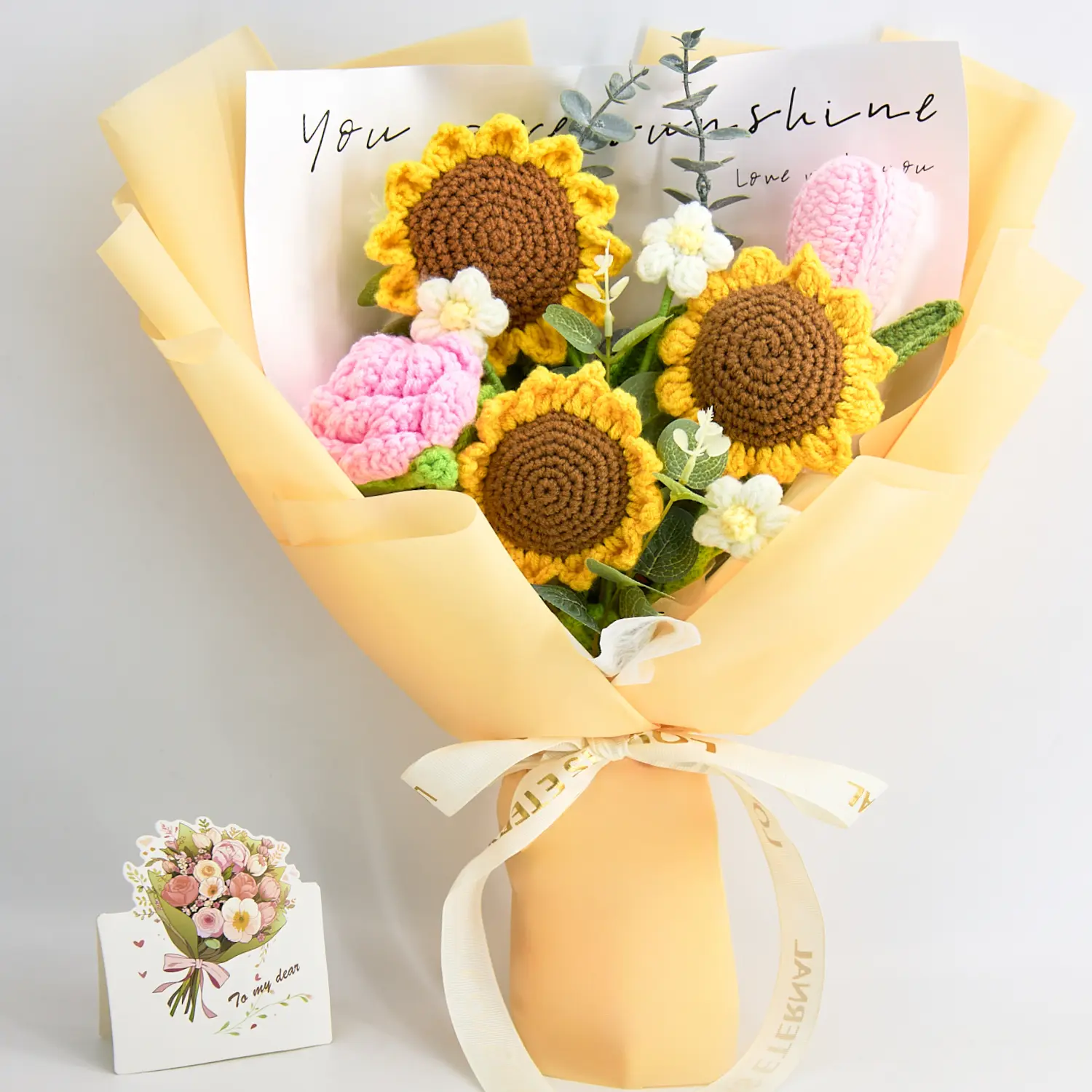 Handmade Crochet Flowers Bouquet Gift for Girlfriend Birthday Wedding Anniversary Just Because Graduation Gift with Sunflowers Pink Rose Tulip Forever Flowers for Her with Greeting Card US Fast Shipping Home Decor