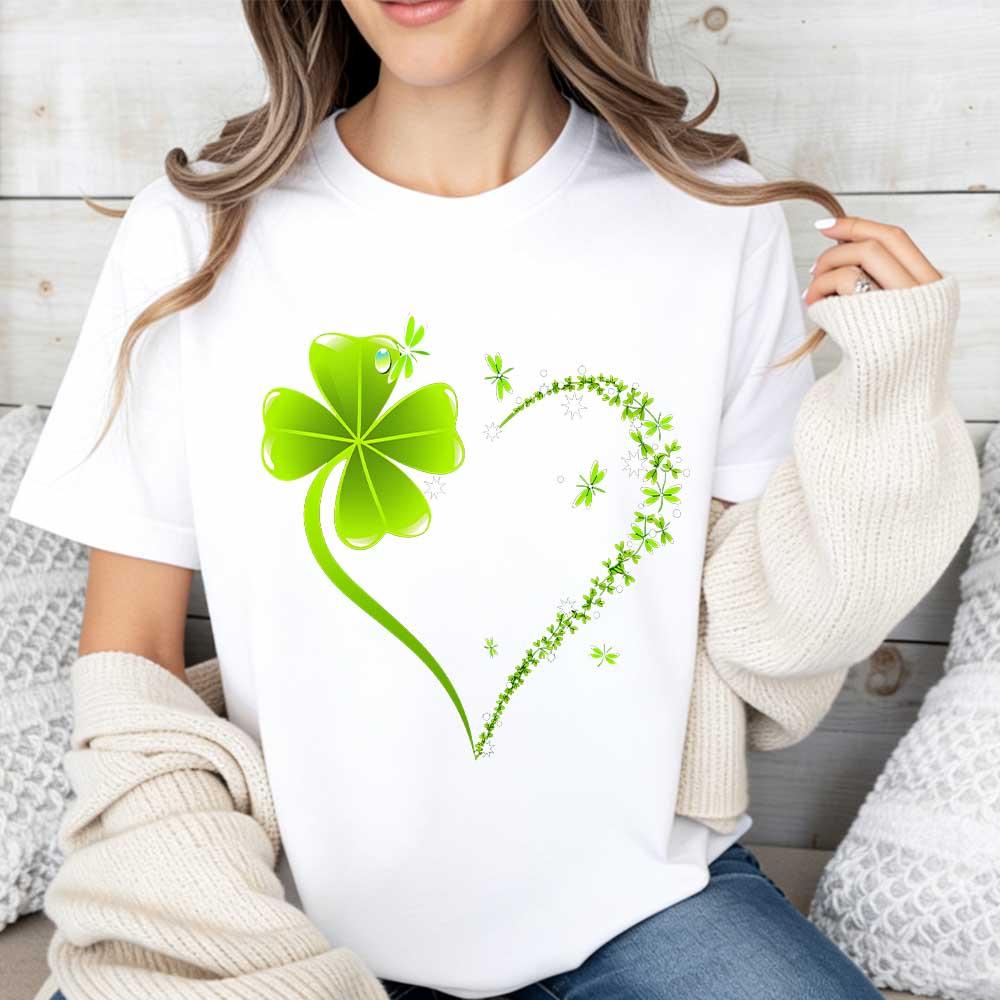 Crew Neck T Shirt  Four Leaf Clover Heart Design St Patrick's Day Celebration,Unisex Graphic Casual Short Sleeve Crew Neck,Shirt for Men & Women, Gift for Her and Him Unisex T-shirt For Man And Woman, Tshirt, Streetwear Style, Retro Vintage Y2k