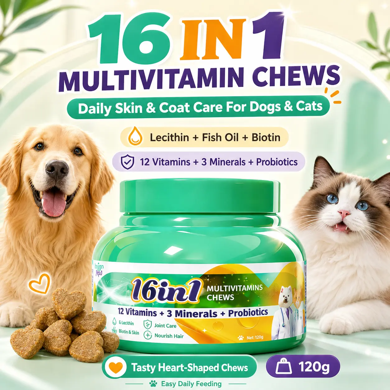 ️ Shedding Rescue! Hegenpet 16-in-1 Heart-Shaped Multivitamin Chews for Dogs & Cats – Visible Hair Growth, Shiny Coat, Joint & Immunity Support (120g)#Summervibes #petlovers