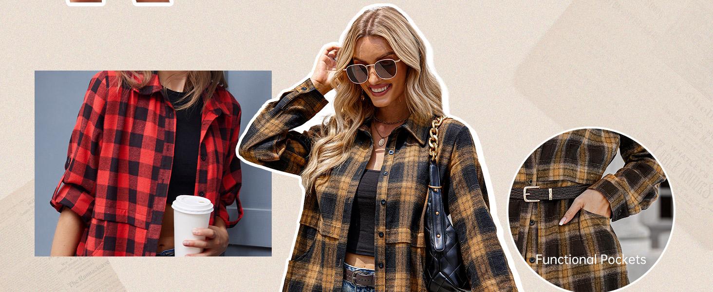 Women's Plaid Shirt Casual Long Sleeve V-Neck Button-Up Oversize Loose Fit Tunika S-XXL for Autumn Winter