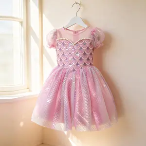 Girls Pink Mermaid Princess Dress Iridescent Scales & Pearl Trim Party Dress