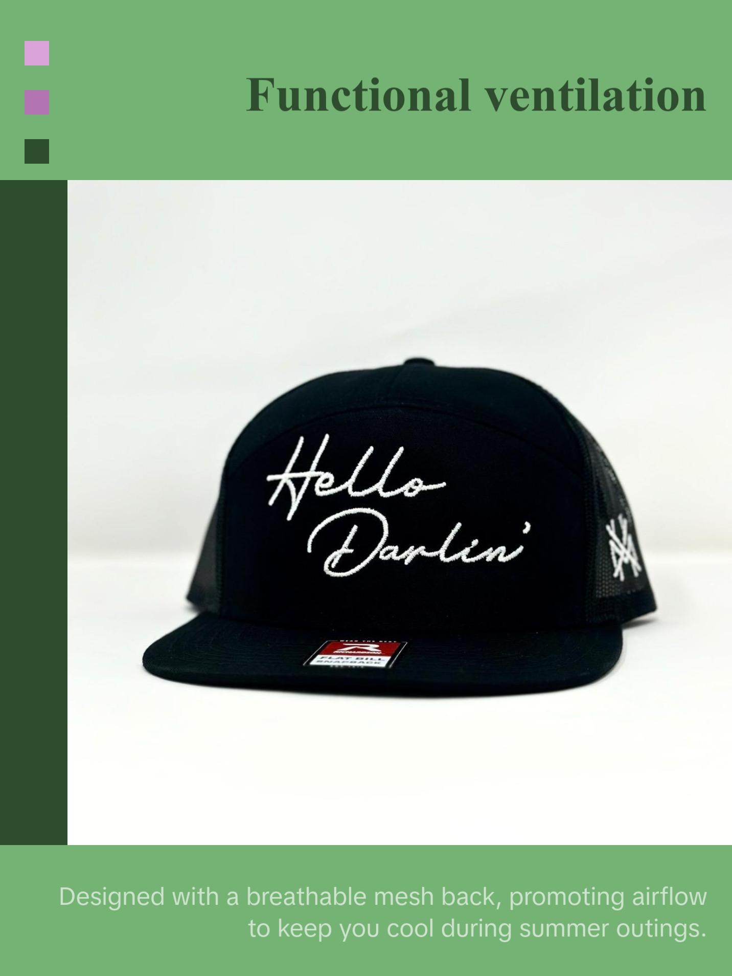 Hello Darlin' MadHatter's Embroidered Snapback Adjustable (Fits Up To A Size 8 Head) Premium Trucker Hat
