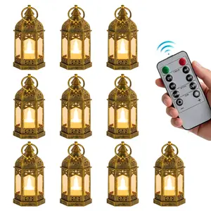Mini Lanterns with Remote Control: Set of 10 Gold Lantern with Timer Dimmer Table Centerpieces Decorations for Ramadan Wedding Party Camping Decor