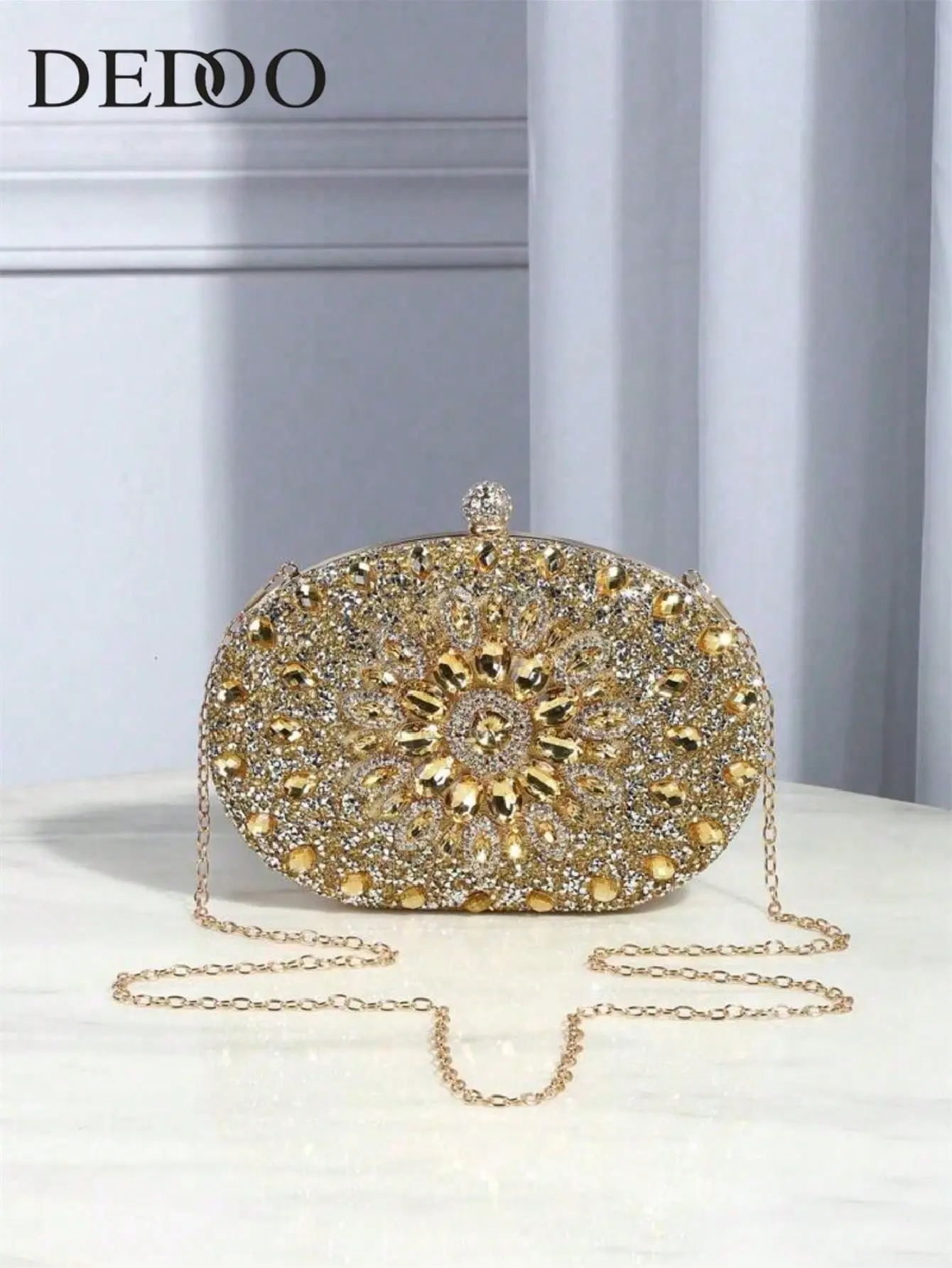 Women's Glamorous Sunflower Diamond Buckle Mini Clutch - Sparkling Full Rhinestone Oval Hard Shell, Fashionable Versatile Purse with Detachable Strap, Bridal Formal Handbag for Formal Events