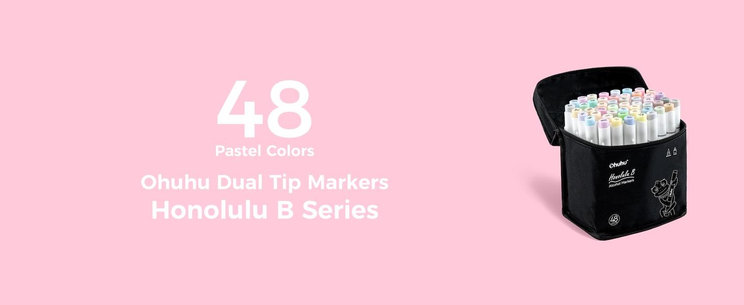Ohuhu Honolulu Brush Markers: 48 Pastel Colors Double Tipped Art Marker for Artist Coloring Illustrations-Brush&Chisel/Fine -Refillable Ink-Sweetness