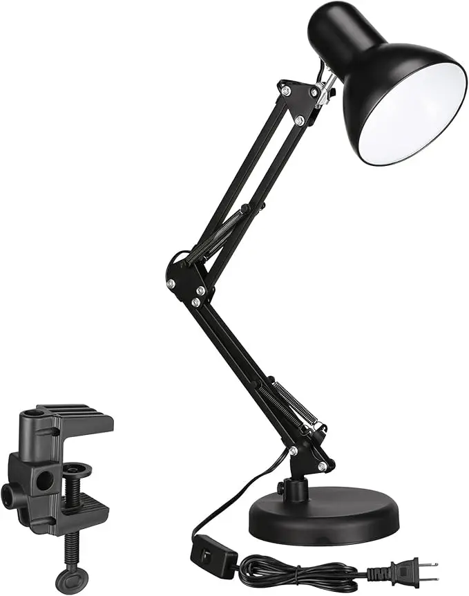 Black Metal Clamping Desk Lamp - 18in Arm, Multi-Joint Swing Arm, Adjustable Gooseneck, Lamp Shade, 55in Power Cable - Indoor Use for Dorm Room Home Office Study