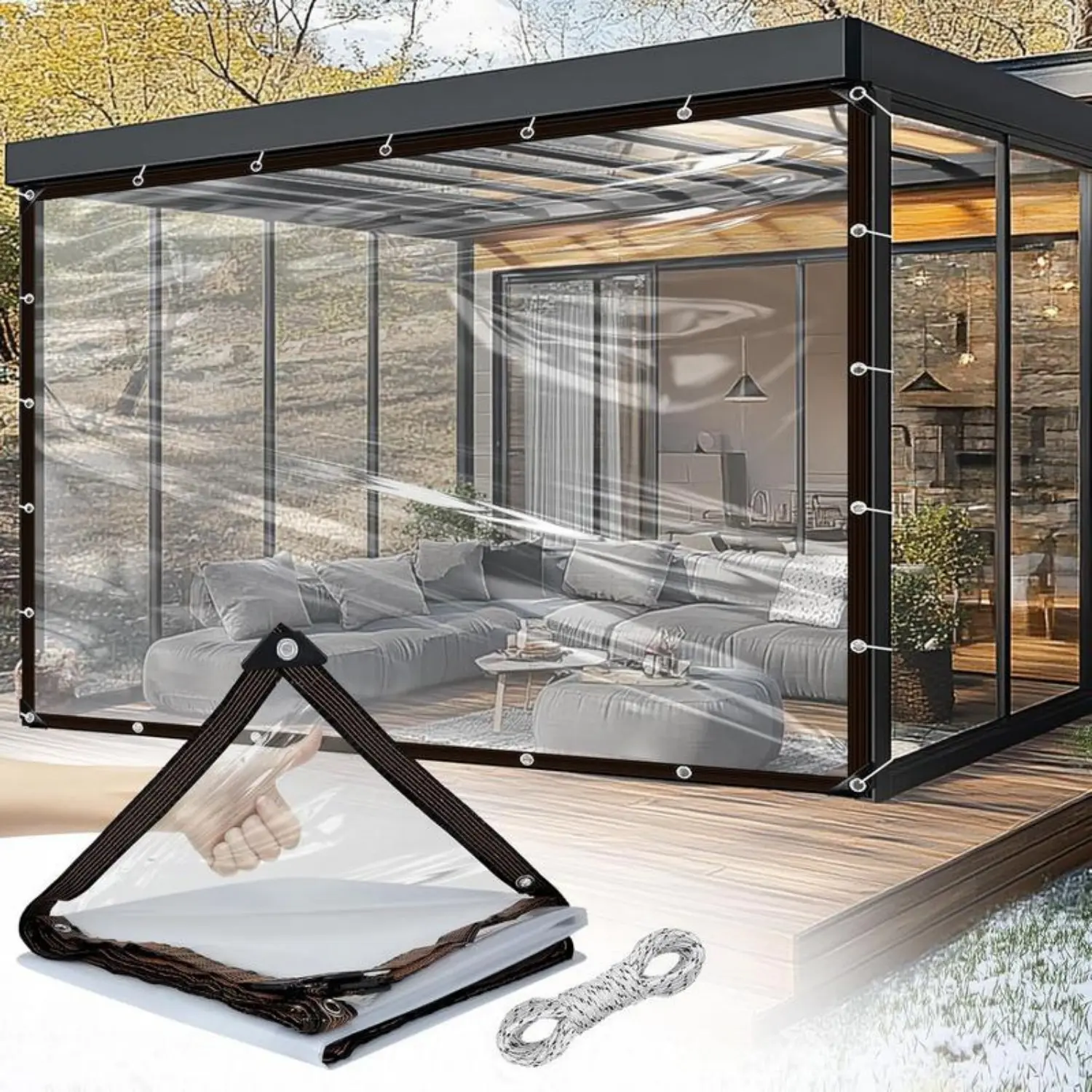 7*11FT Waterproof Clear Tarp with Grommets - Insect-Resistant, Rainproof, Dustproof, Windproof, Snowproof, Heavy-Duty Durable Rain Cloth Cover, Transparent Tarpaulin for Outdoor Garden, Camping, Patios, Porch, Chicken Coop, Greenhouse and Plant Protection