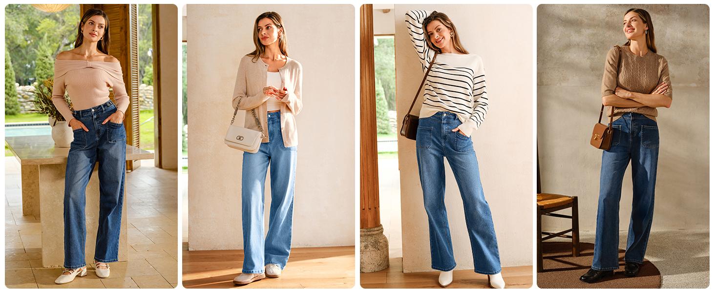 Arach&Cloz Women's Denim Adjustable Waist Buttons High Waisted Wide Leg Jeans 2026