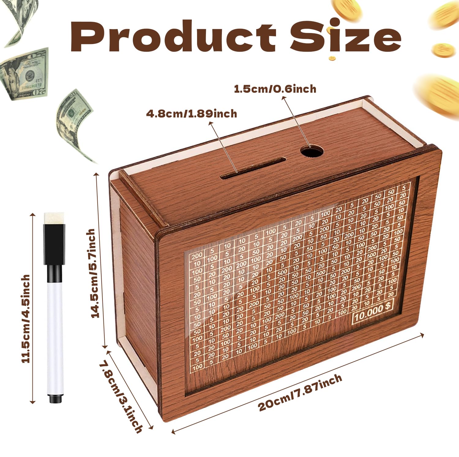 Cash Vault Wooden Savings Box, 2026 New Savings Challenge Box, Wooden Money Saving Box Money Box with Counter, Money Saver with Money 10000 Savings Target and Numbers